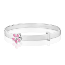 Children's Sterling Silver Cubic Zirconia Pink Enamel Flower Bangle