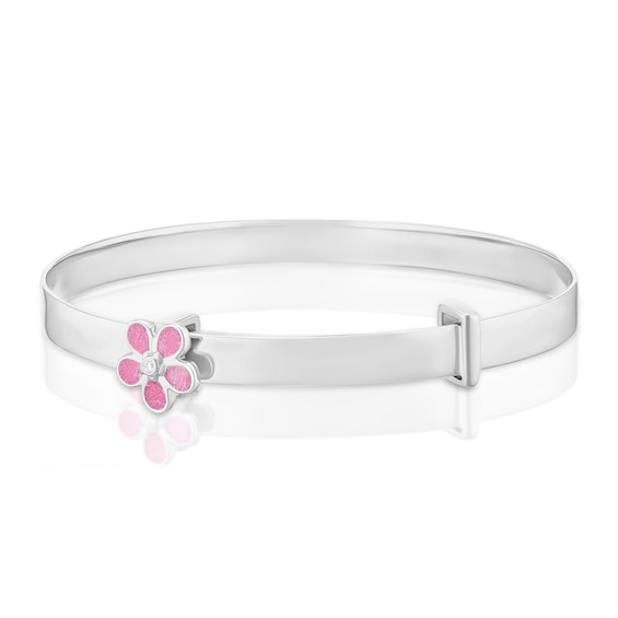 Children's Sterling Silver Cubic Zirconia Pink Enamel Flower Bangle
