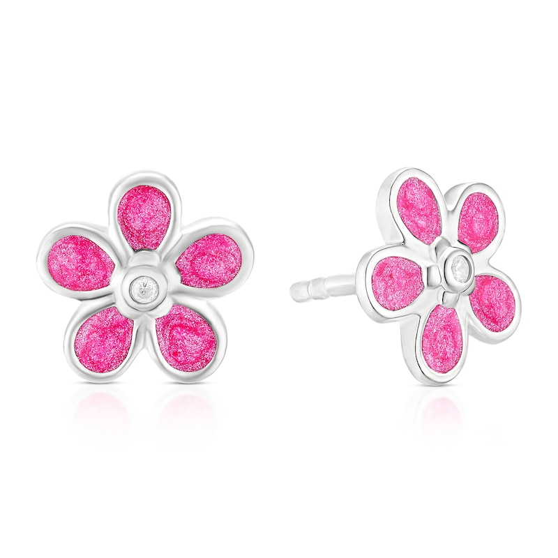 Main Image 1 of Children's Sterling Silver Cubic Zirconia Pink Enamel Flower Stud Earrings