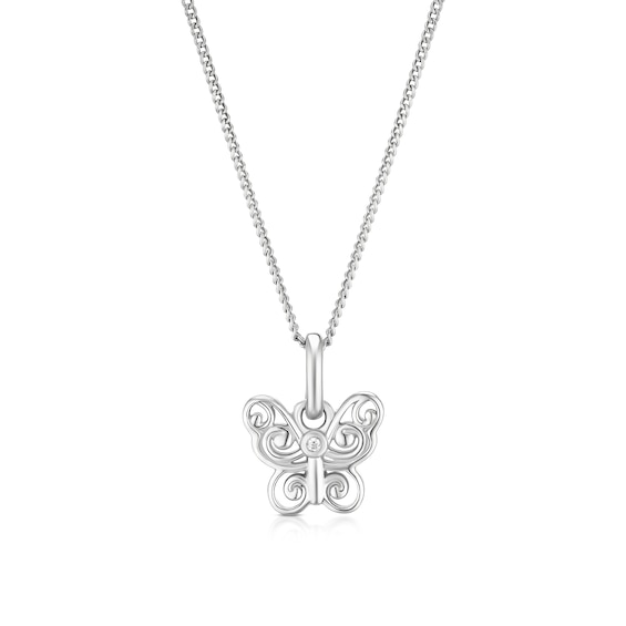 Children's Sterling Silver Cubic Zirconia Filigree Butterfly Pendant Necklace