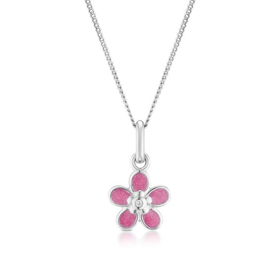 Childrens Sterling Silver Cubic Zirconia Pink Enamel Flower 