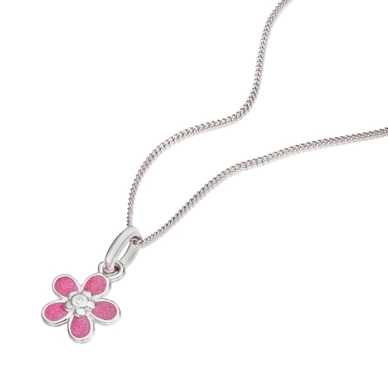Main Image 2 of Children's Sterling Silver Cubic Zirconia Pink Enamel Flower Pendant Necklace
