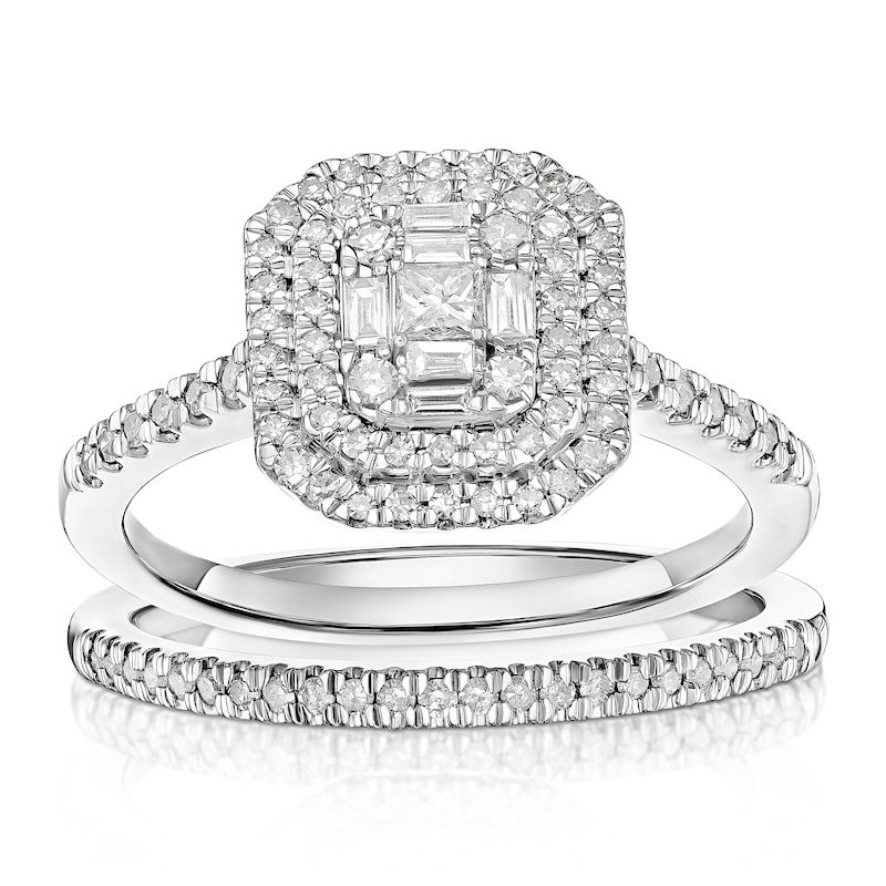 Main Image 1 of Engagement Ring Platinum Emerald Shaped Cluster Bridal Set 0.50ct Diamond Ring