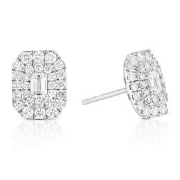 Platinum Emerald Shaped 1ct Diamond Double Halo Stud Earrings