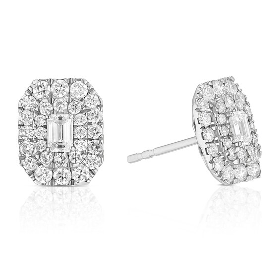 Platinum Emerald Shaped 1ct Diamond Double Halo Stud Earring