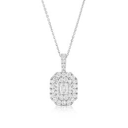 Platinum Emerald Shaped 1ct Diamond Double Halo Pendant Necklace