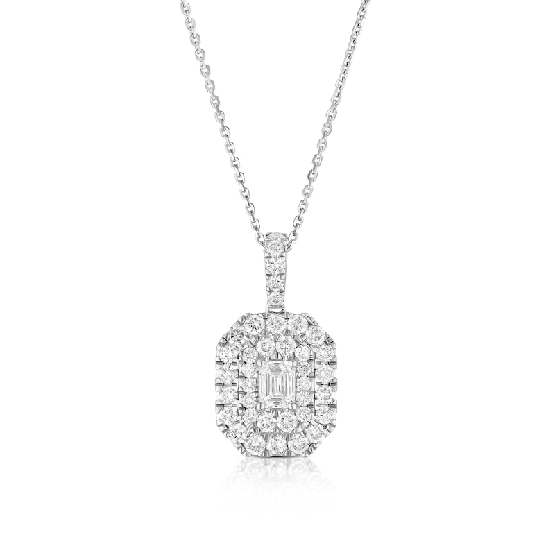 Main Image 1 of Platinum Emerald Shaped 1ct Diamond Double Halo Pendant Necklace