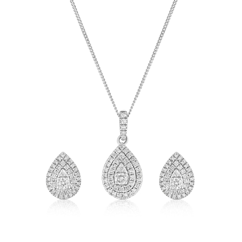 Main Image 1 of 9ct White Gold 0.50ct Diamond Pear Shaped Halo Earrings & Necklace Set