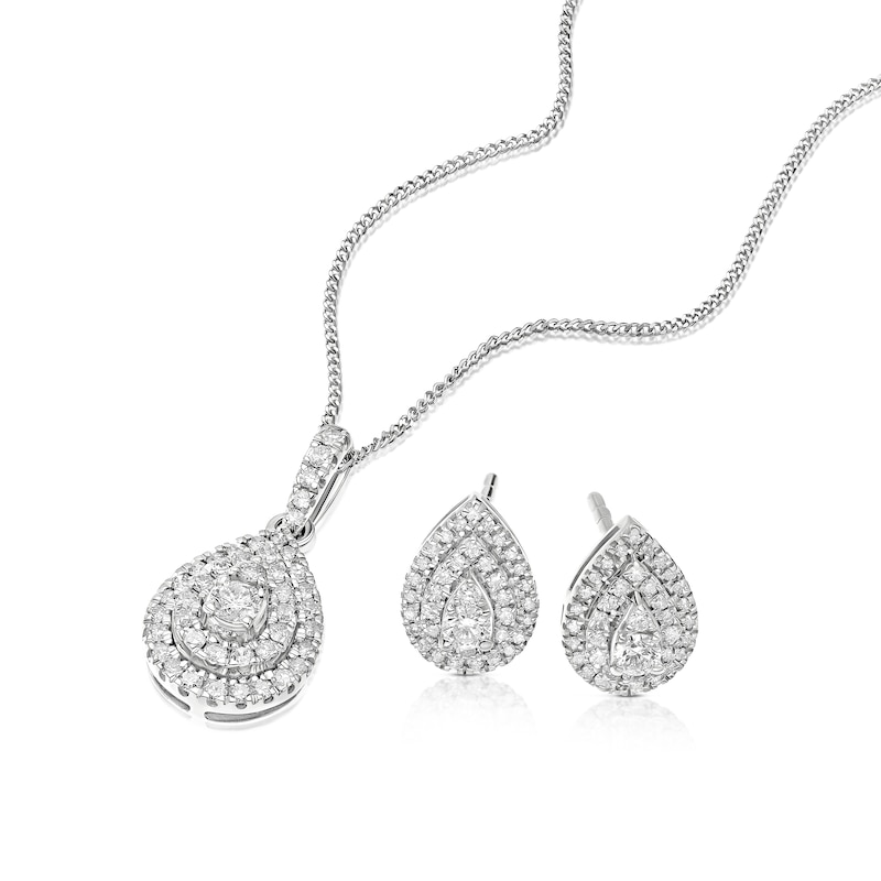 Main Image 2 of 9ct White Gold 0.50ct Diamond Pear Shaped Halo Earrings & Necklace Set