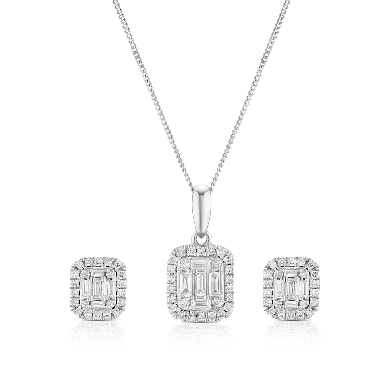 Main Image 1 of 9ct White Gold & 0.50ct Diamond Emerald Shaped Halo Earrings & Necklace Set