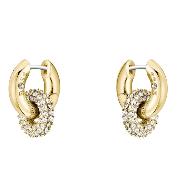BOSS Live Precious Womens Gold IP 14mm Crystal Huggie Earrin