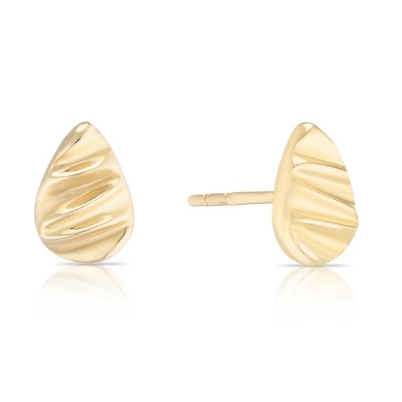 9ct Yellow Gold Mini Linear Textured Teardrop Stud Earrings
