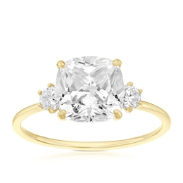9ct Yellow Gold & Cubic Zirconia Cushion Shaped Trilogy Ring