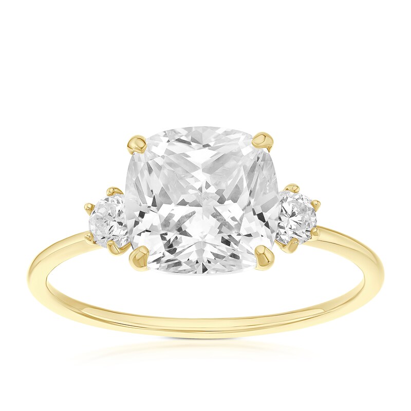 Main Image 1 of 9ct Yellow Gold & Cubic Zirconia Cushion Shaped Trilogy Ring