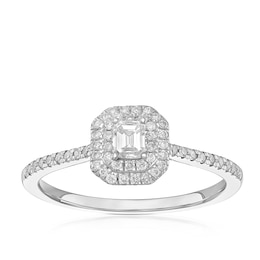 Engagement Ring 9ct White Gold Emerald Cut Double Halo 0.40ct Diamond Ring