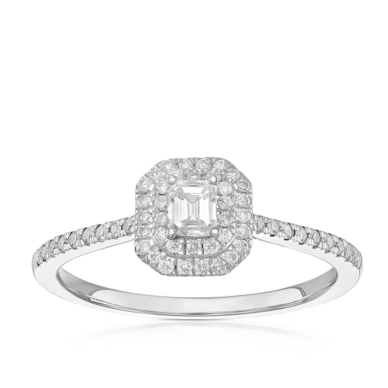 Engagement Ring 9ct White Gold Emerald Cut Double Halo 0.40c