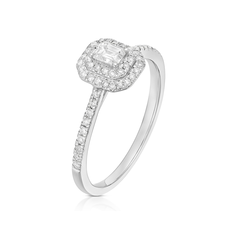 Main Image 2 of Engagement Ring 9ct White Gold Emerald Cut Double Halo 0.40ct Diamond Ring