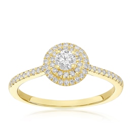 Engagement Ring 9ct Yellow Gold Round Cut Double Halo 0.40ct Diamond Ring