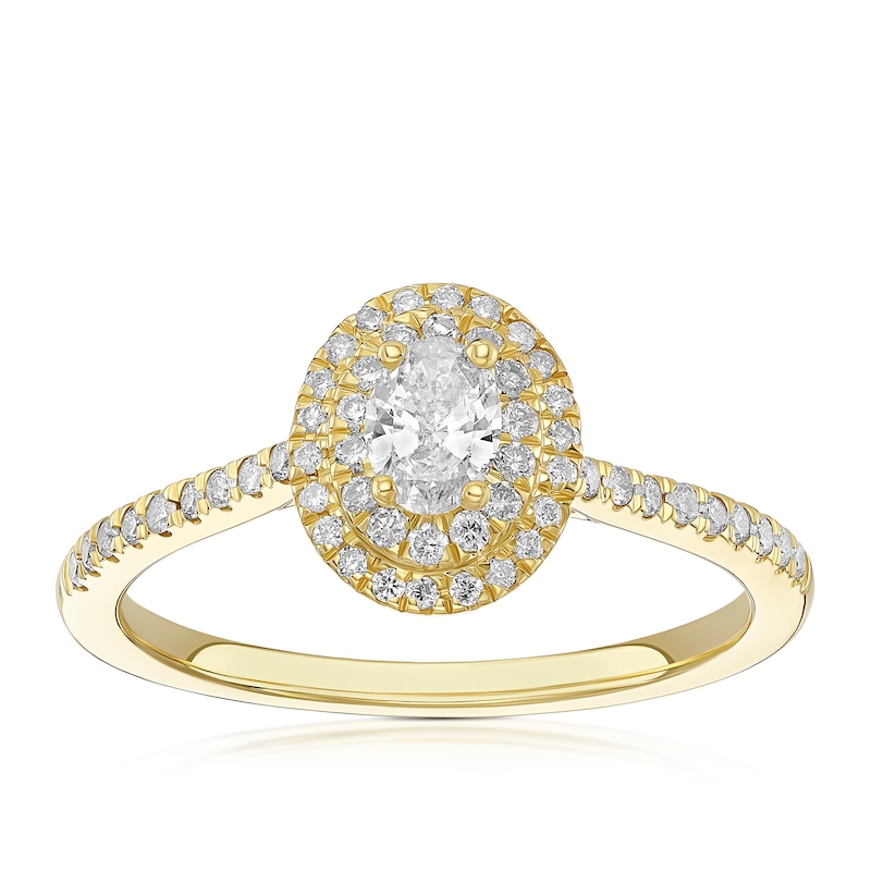 Main Image 1 of Engagement Ring 9ct Yellow Gold Oval Cut Double Halo 0.40ct Diamond Ring