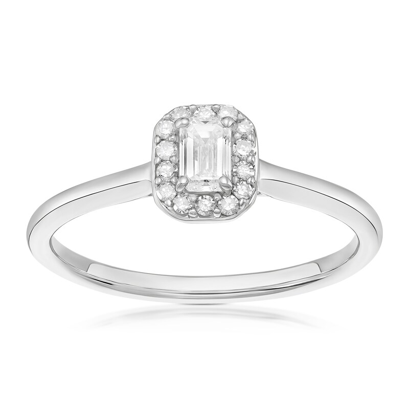 Main Image 1 of Engagement Ring 9ct White Gold Emerald Cut Halo 0.25ct Diamond Ring