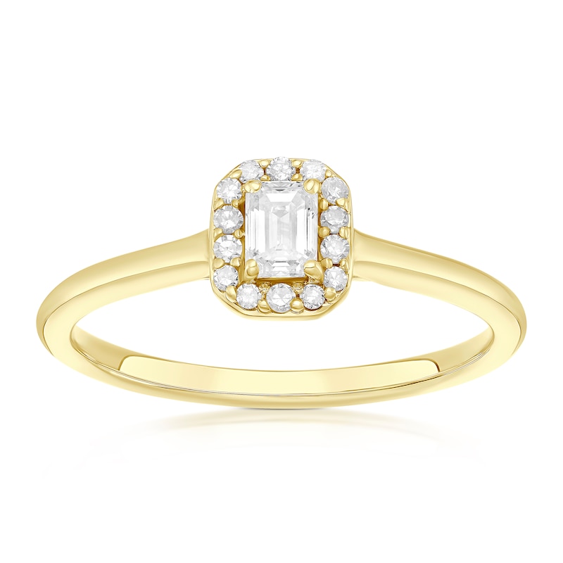 Main Image 1 of Engagement Ring 9ct Yellow Gold Emerald Cut Halo 0.25ct Diamond Ring