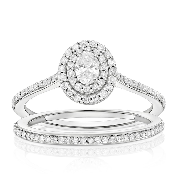 Engagement Ring 9ct White Gold Oval Double Halo Bridal Set 0.50ct Diamond Ring