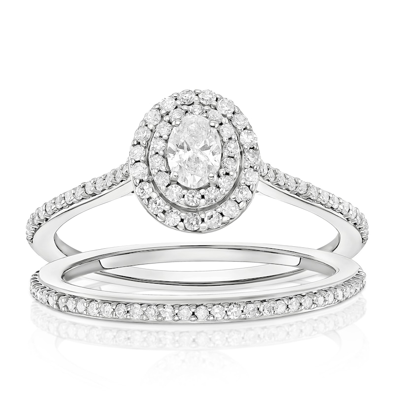 Main Image 1 of Engagement Ring 9ct White Gold Oval Double Halo Bridal Set 0.50ct Diamond Ring