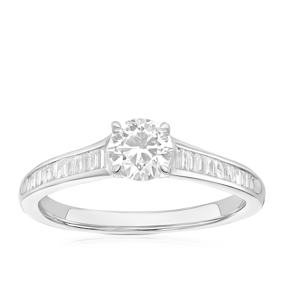 Engagement Ring Platinum Round and Baguette Cut Solitaire 0.