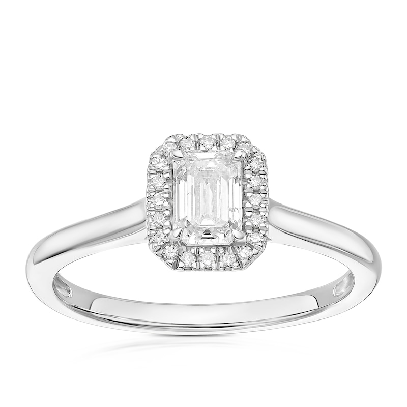Main Image 1 of Engagement Ring Platinum Emerald Cut Halo Solitaire 0.55ct Diamond Ring