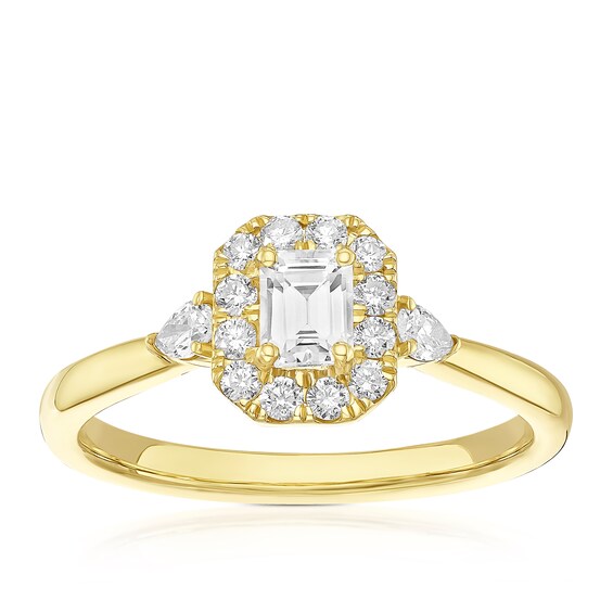 Engagement Ring Origin 18ct Yellow Gold Emerald Shaped Halo 