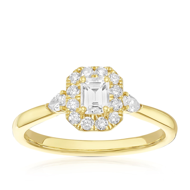 Main Image 1 of Engagement Ring Origin 18ct Yellow Gold Emerald Shaped Halo & Trilogy 0.50ct Diamond Ring