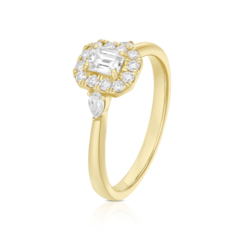 Main Image 2 of Engagement Ring Origin 18ct Yellow Gold Emerald Shaped Halo & Trilogy 0.50ct Diamond Ring