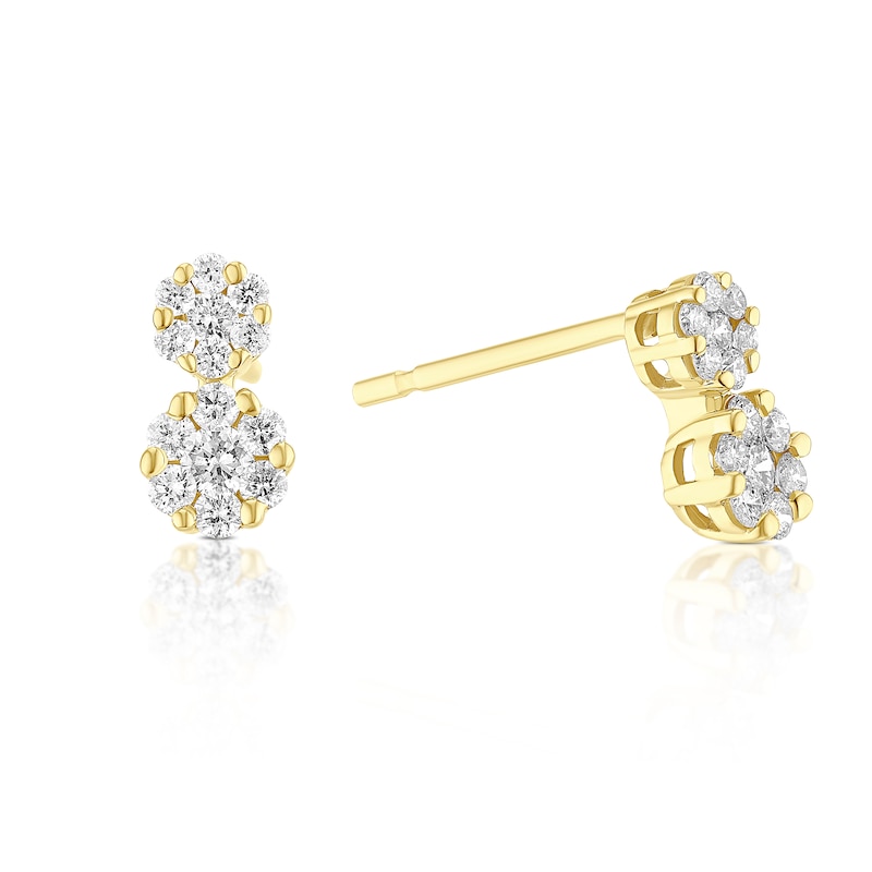 Main Image 1 of 9ct Yellow Gold 0.25ct Diamond Flower Shaped Cluster Drop Earrings