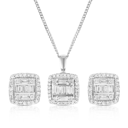 9ct White Gold 0.50ct Diamond Cushion Shaped Earring & Pendant Set