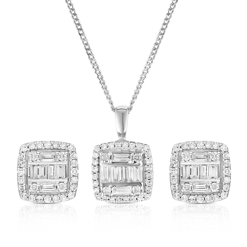 Main Image 1 of 9ct White Gold 0.50ct Diamond Cushion Shaped Earring & Pendant Set