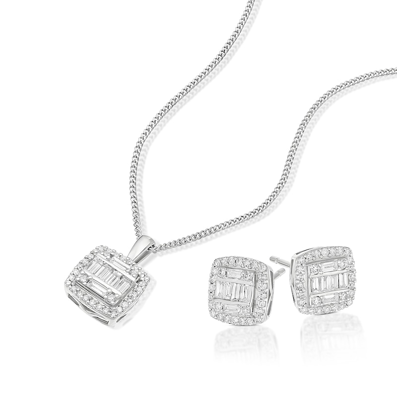 Main Image 2 of 9ct White Gold 0.50ct Diamond Cushion Shaped Earring & Pendant Set