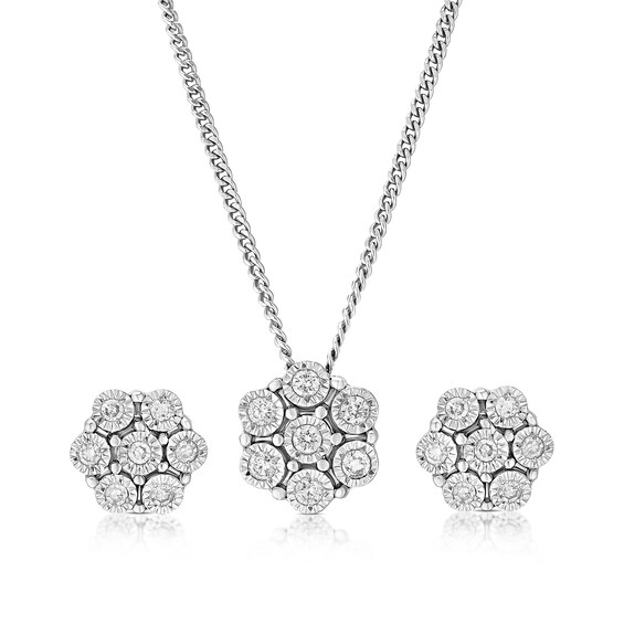 Sterling Silver 0.15ct Diamond Flower Shaped Pendant and