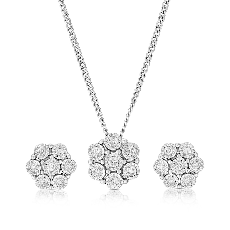 Main Image 1 of Sterling Silver 0.15ct Diamond Flower Shaped Pendant & Earring Set