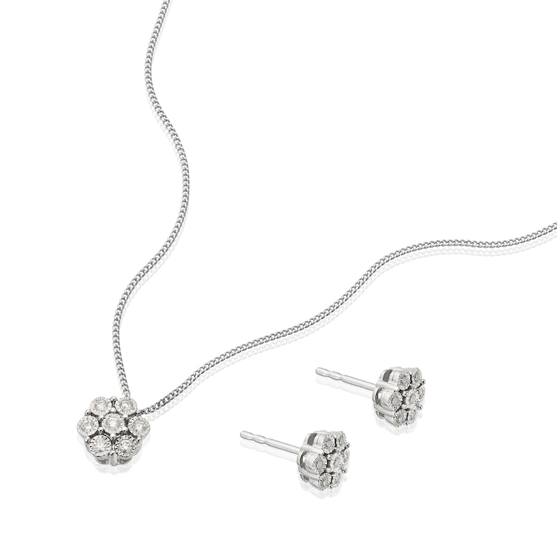 Main Image 2 of Sterling Silver 0.15ct Diamond Flower Shaped Pendant & Earring Set