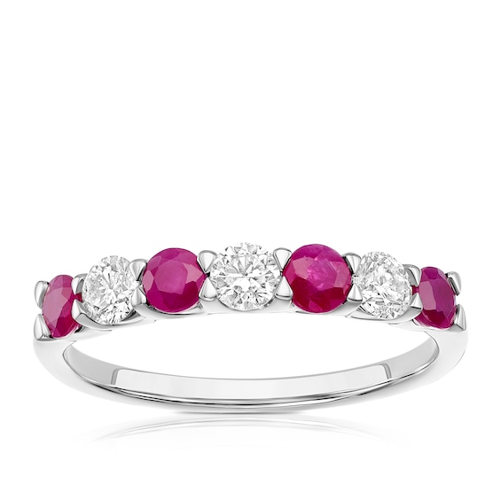 9ct White Gold Ruby and 0.33ct Diamond 7-Stone Ring