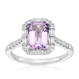 9ct White Gold Amethyst  & 0.25ct Diamond Halo Ring