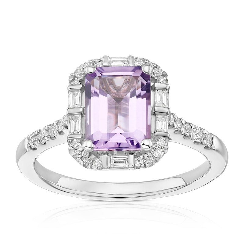 Main Image 1 of 9ct White Gold Amethyst  & 0.25ct Diamond Halo Ring