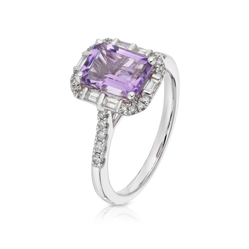 Main Image 2 of 9ct White Gold Amethyst  & 0.25ct Diamond Halo Ring