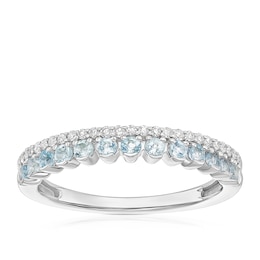 9ct White Gold Aquamarine & 0.10ct Diamond Two Row Ring