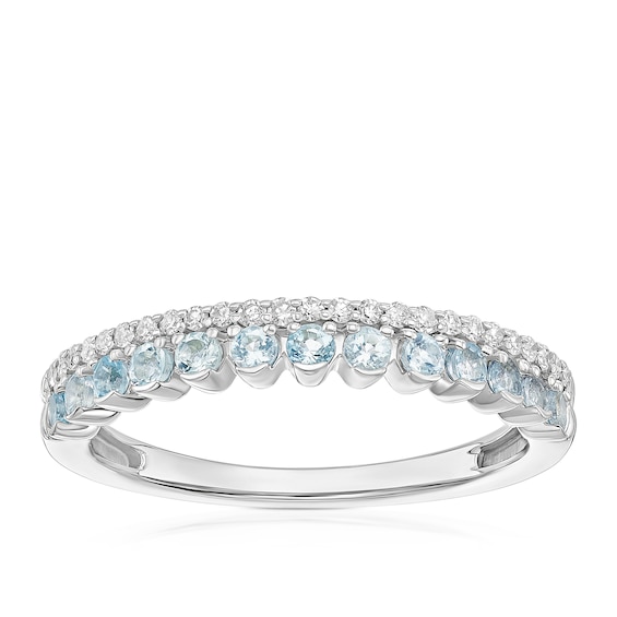 9ct White Gold Aquamarine and 0.10ct Diamond Two Row Ring