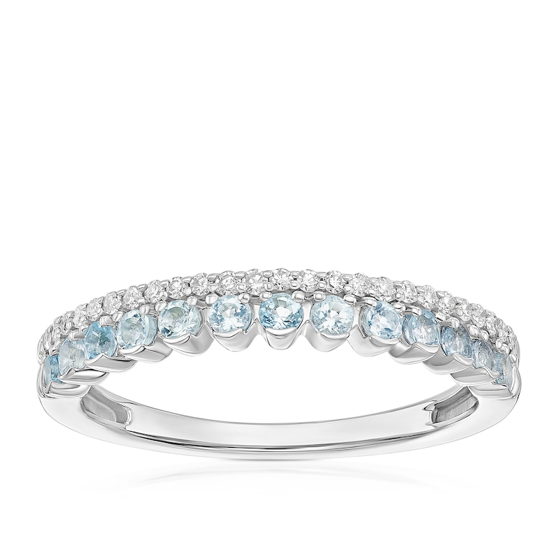 Main Image 1 of 9ct White Gold Aquamarine & 0.10ct Diamond Two Row Ring