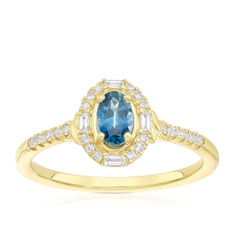 9ct Yellow Gold Montana Sapphire & 0.10ct Diamond Halo Ring
