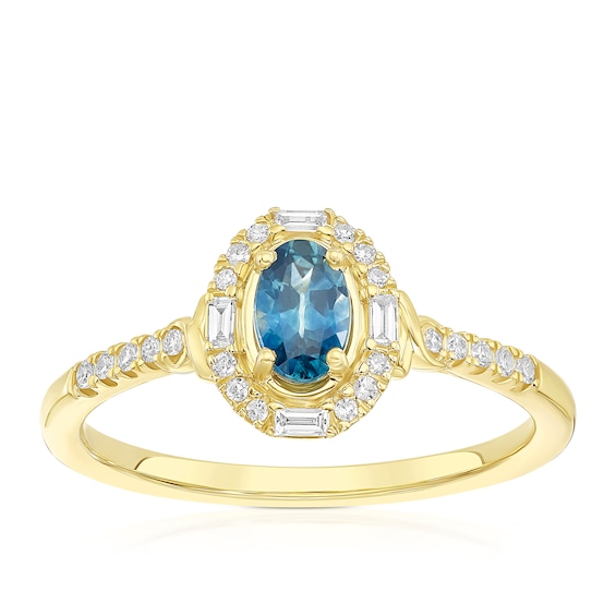 9ct Yellow Gold Montana Sapphire and 0.10ct Diamond Halo Rin
