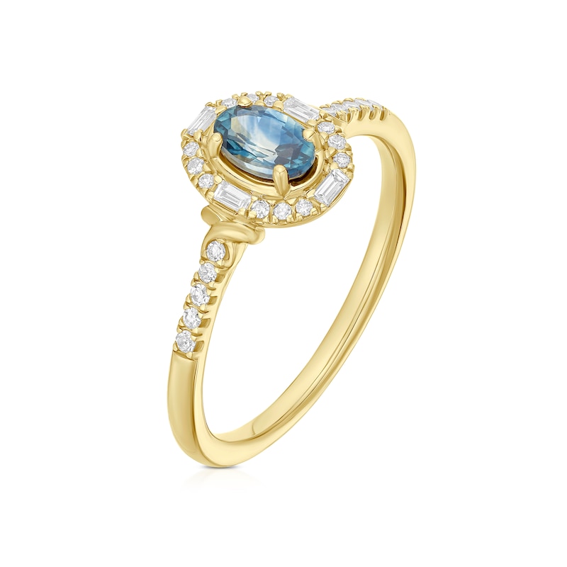 Main Image 2 of 9ct Yellow Gold Montana Sapphire & 0.10ct Diamond Halo Ring
