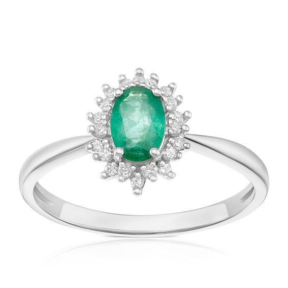 9ct White Gold Emerald and 0.07ct Diamond Halo Ring